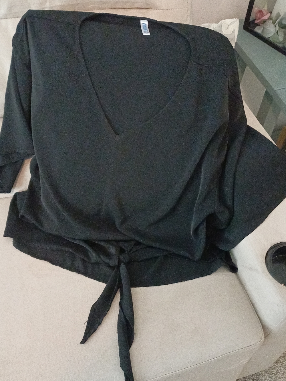 Black V-Neck Tie-Hem Women's Top